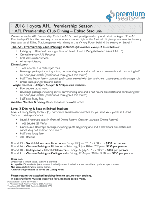 AFL Premiership Club Dining Booking Form