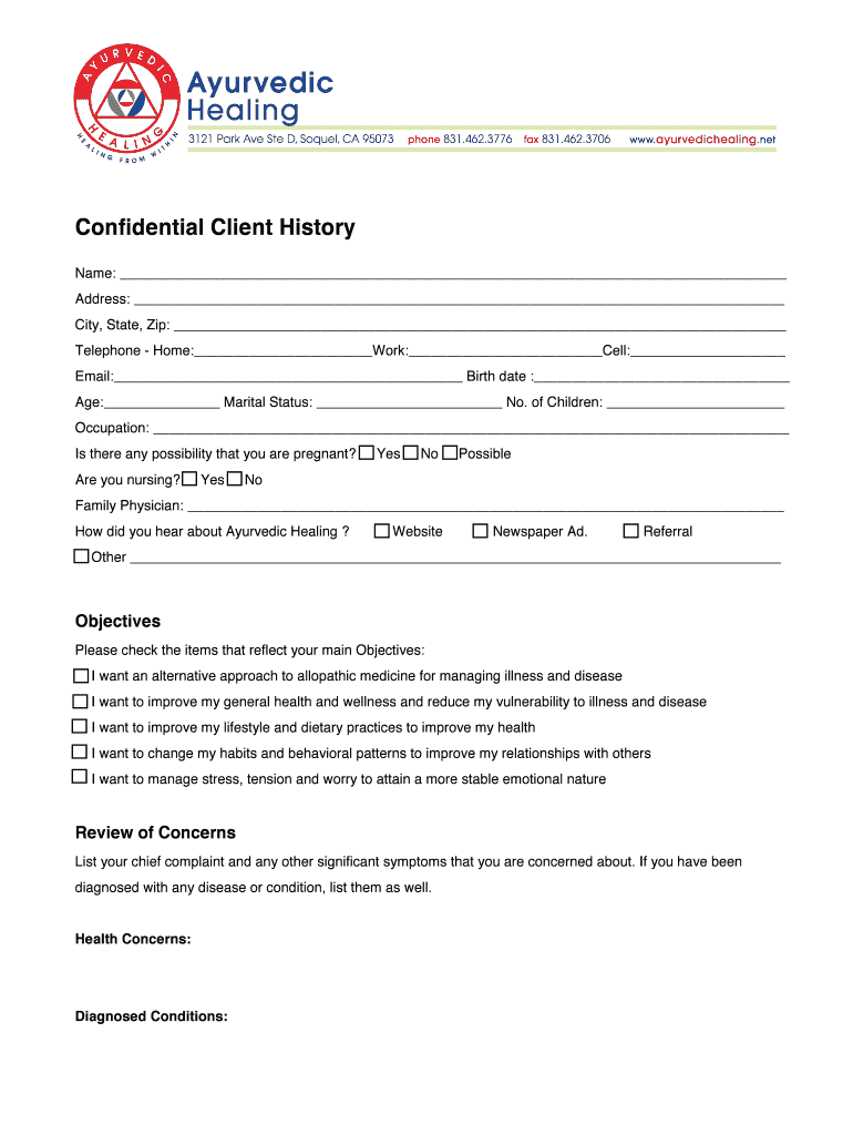 Fillable Online Ayurvedic Consultation Form Ayurvedic Healing Fax