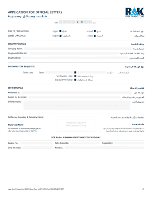APPLICATION FOR OFFICIAL LETTERS 2 0 Date TYPE OF TRANSACTION: Urgent LETTER LANGUAGE: English Normal Arabic : : COMPANY DETAILS Company Name: : Telephone/Mobile No