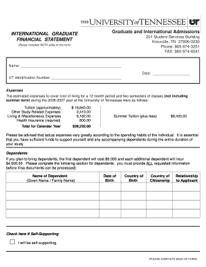 University of Tennessee Financial Statement Form