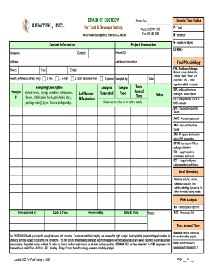 Chain of Custody Form for Food Testing