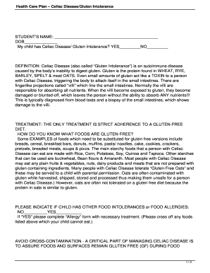 Health Care Plan for Celiac Disease/Gluten Intolerance