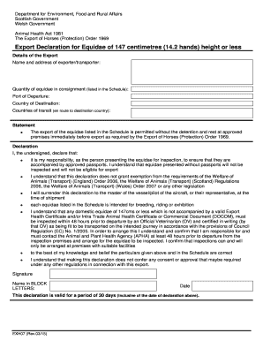 UK Export Declaration for Equidae