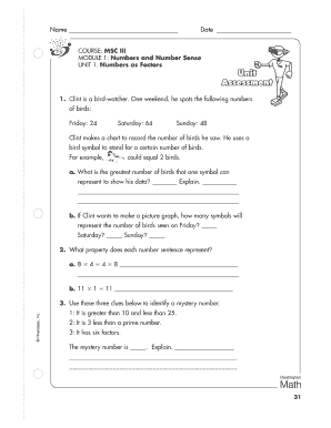 MSC III Numbers and Number Sense Worksheet