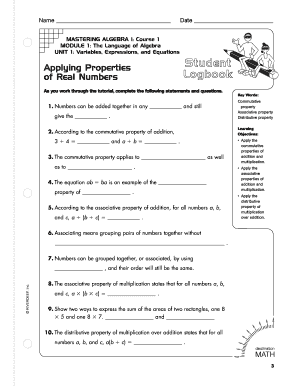 Algebra I Properties of Real Numbers Worksheet