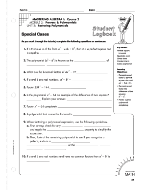 Algebra I Factoring Polynomials Worksheet