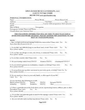 Client Intake Form for Musculotherapy