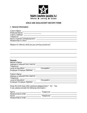 Child and Adolescent History Form