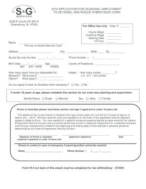 2010 Seasonal Employment Application for Detasseling Corn