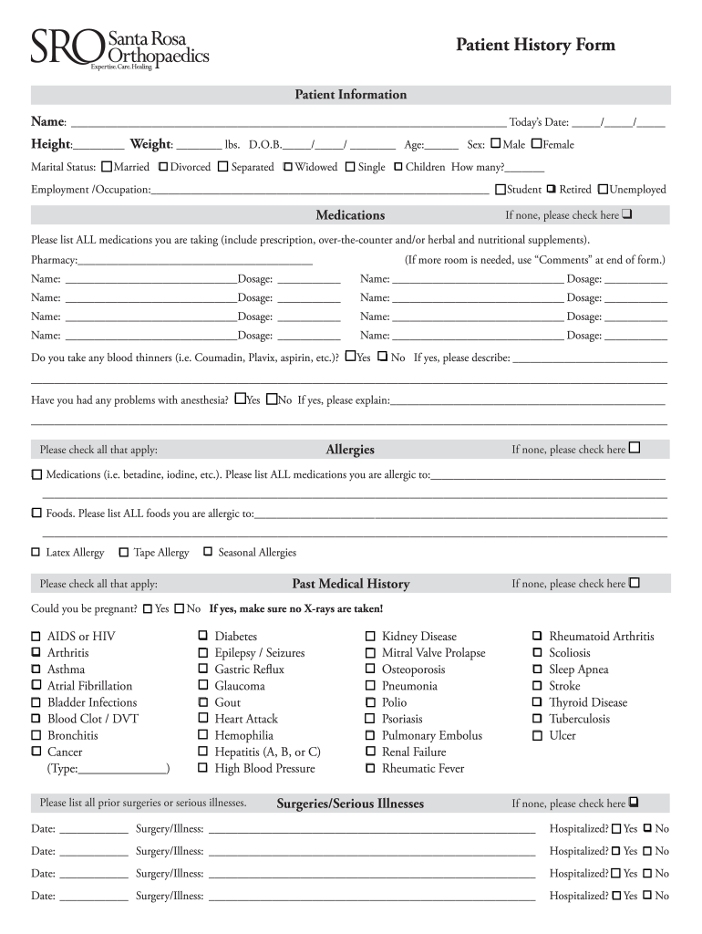 Patient History Form - bsrorthocomb Preview on Page 1.