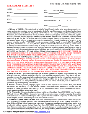 Fox Valley Off Road Riding Park Release of Liability