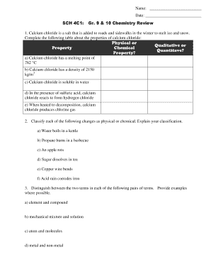 Grade 9 & 10 Chemistry Review Worksheet