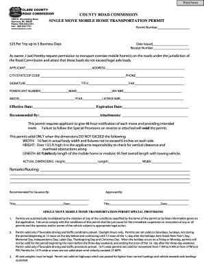 Single Move Mobile Home Transportation Permit