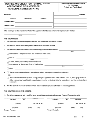Massachusetts Successor Personal Representative Appointment