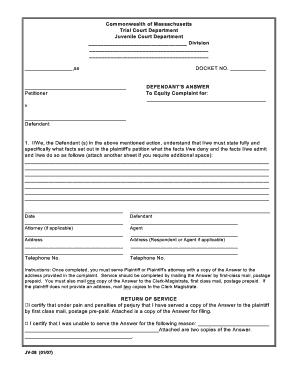 Massachusetts Juvenile Court Defendant's Answer
