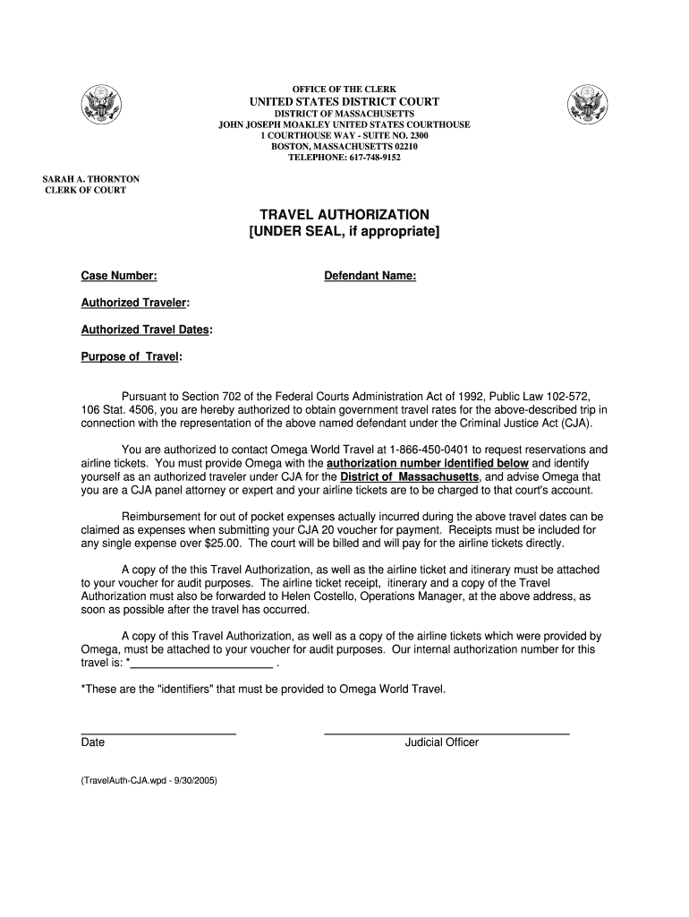 Fillable Online TRAVEL AUTHORIZATION UNDER SEAL If Appropriate Fax fillable-online-travel-authorization-under-seal-if-appropriate-fax