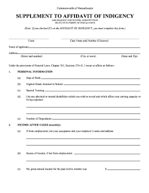 Massachusetts Affidavit of Indigency Supplement