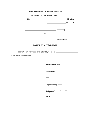 Massachusetts Housing Court Notice of Appearance