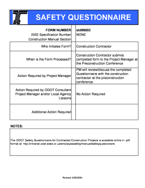 Safety Questionnaire Instructions ODOT Construction Forms - ftp odot state or
