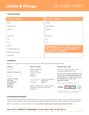 Limbs & Things UK Order Form