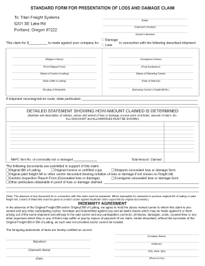 Standard Form for Presentation of Loss and Damage Claim