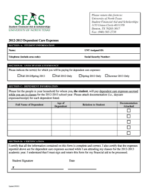 2012-2013 Dependent Care Expenses Form