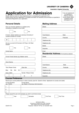 University of Canberra Application for Admission