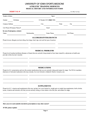 University of Iowa Sports Medicine Medical History Form
