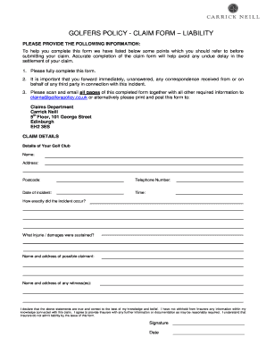 Golfers Policy Liability Claim Form