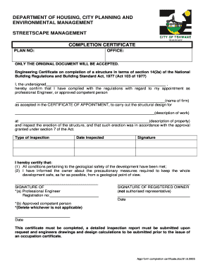 Completion Certificate for Structural Work