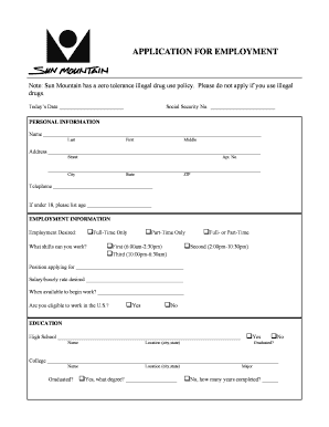 Sun Mountain Employment Application Form
