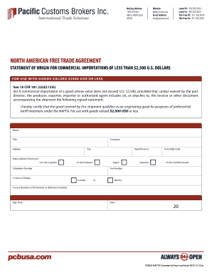 NAFTA Statement of Origin for Low-Value Imports