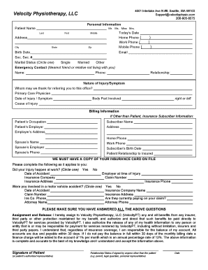 Velocity Physiotherapy Patient Intake Form