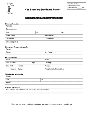 Cat Boarding Enrollment and Agreement Form