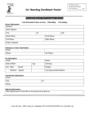 Cat Boarding Enrollment and Agreement Form