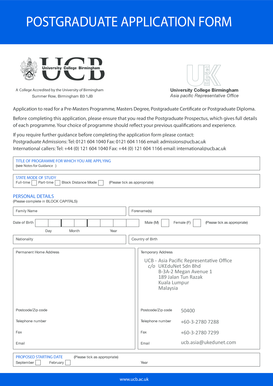 University College Birmingham Postgraduate Application Form