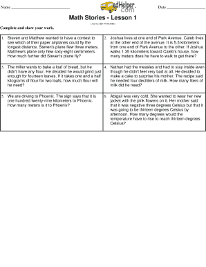 Math Stories Worksheet