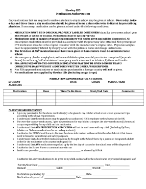 Hawley ISD Medication Authorization Form