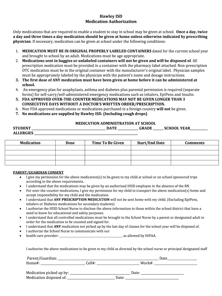 Fillable Online hawley region14 Hawley ISD Medication Authorization Fillable Online hawley region14 Hawley ISD Medication Authorization
