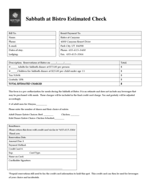 Bistro Sabbath Dinner Pre-Authorization Form