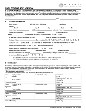 Employment Application for HT Staffing