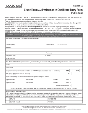Rockschool Grade Exam and Performance Certificate Entry Form