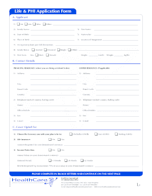 Healthcare International Life and PHI Application Form
