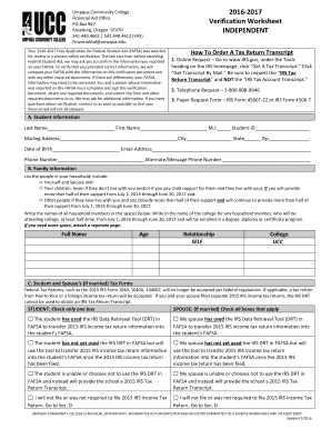 Umpqua Community College 2016-2017 Financial Aid Verification Worksheet