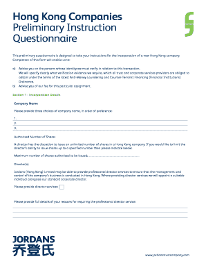 Hong Kong Company Incorporation Questionnaire