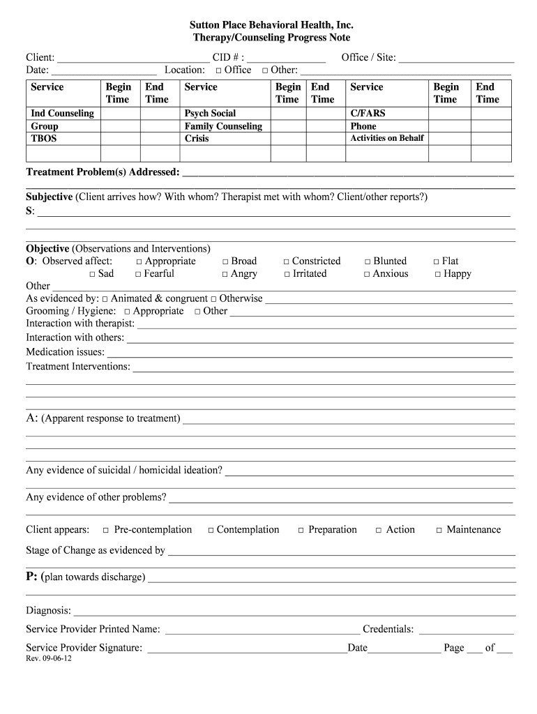 Fillable Online intranet spbh TherapyCounseling Progress Note Fax Email ...