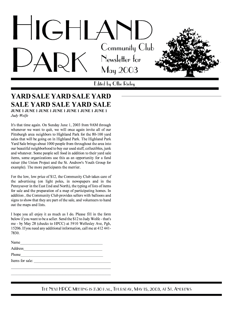 Fillable Online highlandpark pgh pa YARD SALE YARD SALE YARD SALE YARD