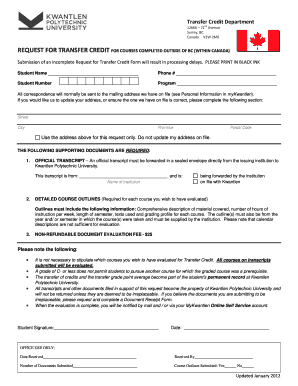Kwantlen Polytechnic University Transcript Evaluation Form