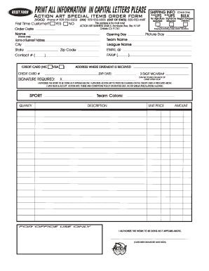 Action Art Special Items Order Form