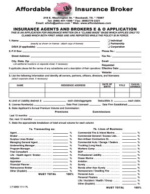 Insurance Agents and Brokers E & O Application